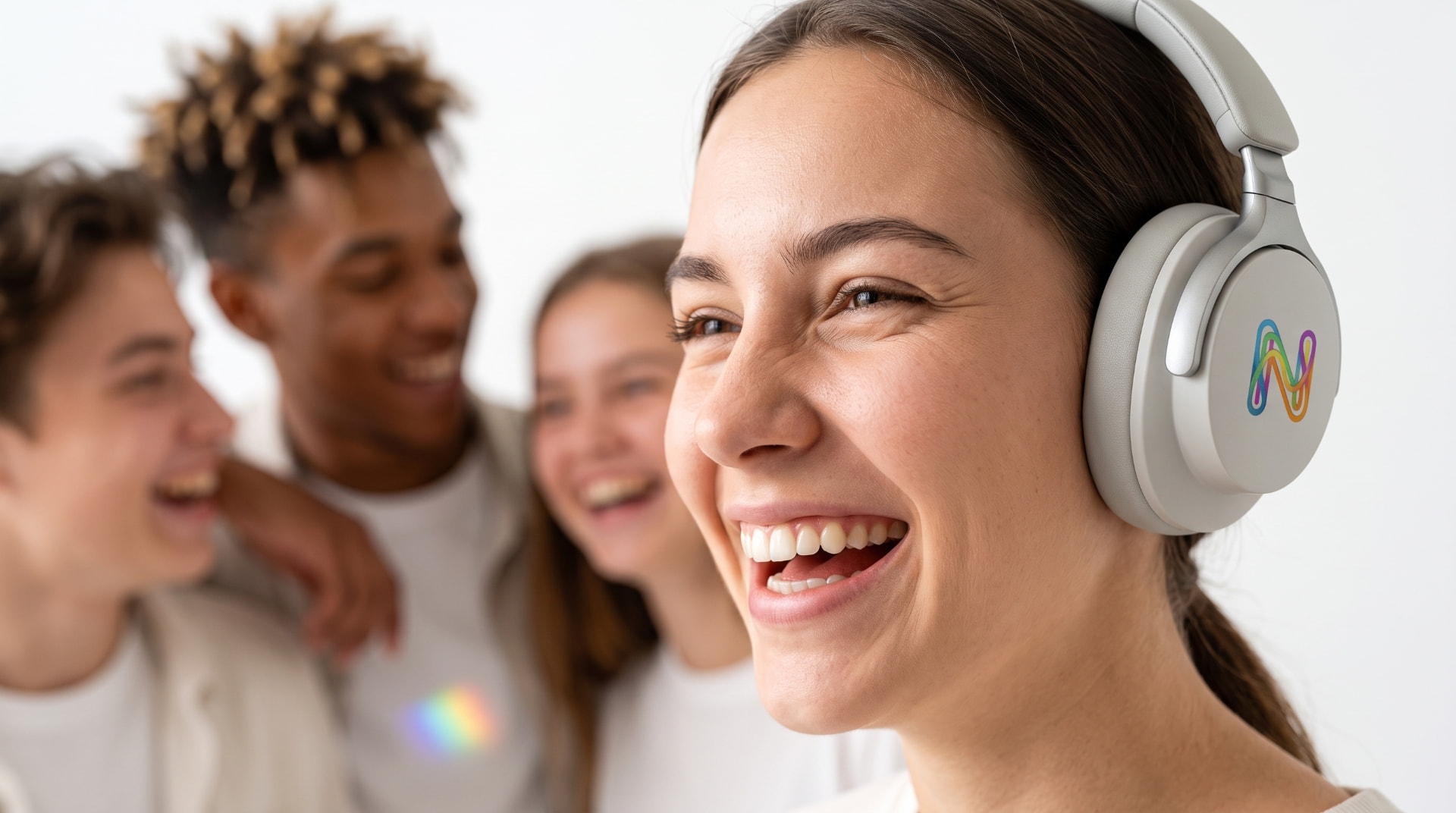 Mulher sorrindo com fones da Rádio Neurodiversidade, junto de outras pessoas