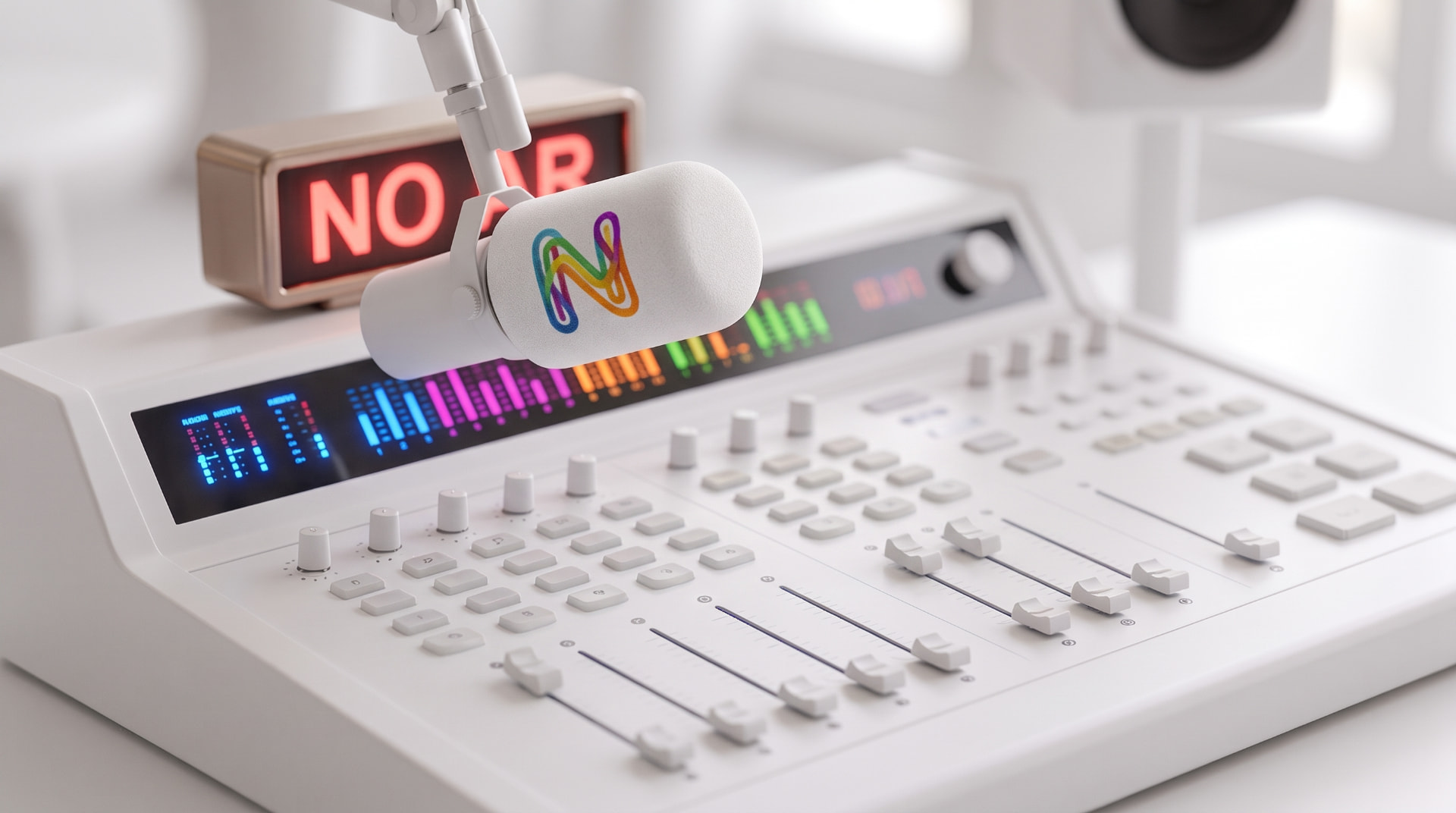 Microfone da Rádio Neurodiversidade sobre uma mesa de som com placa No Ar